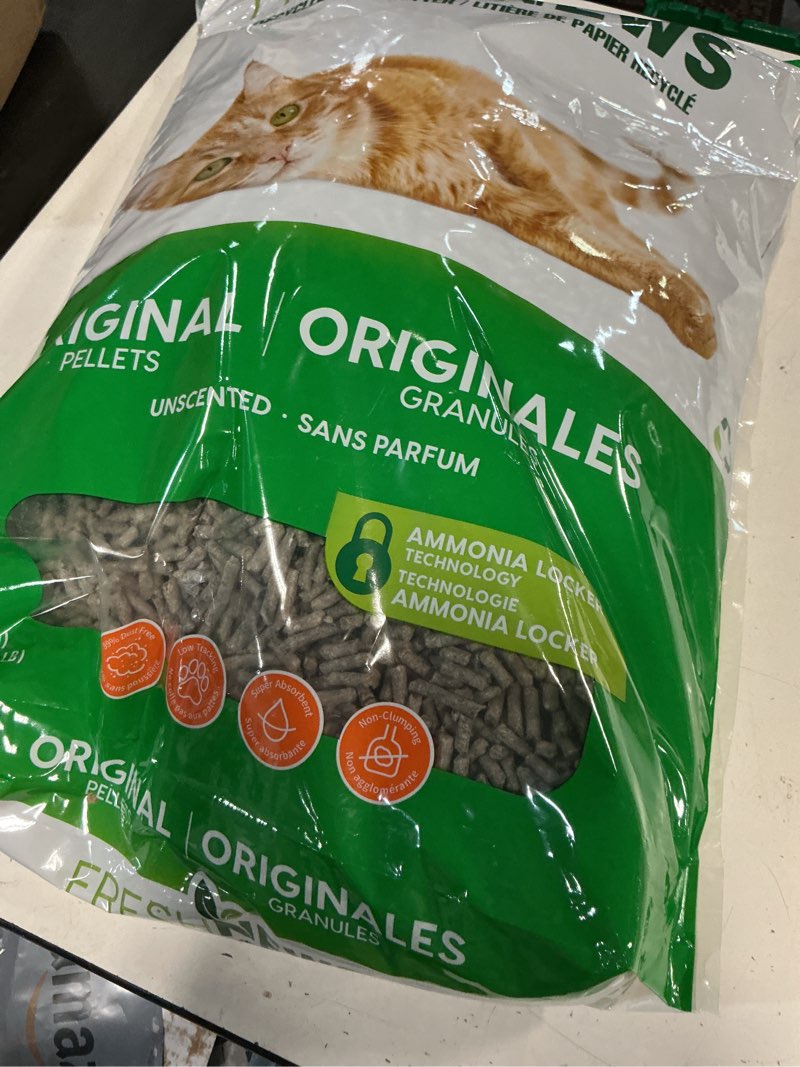 Condition photo showing New/Like New for fresh news recycled paper original pellet cat litter, 25 pound, non-clumping, unscented, made in usa original pellets 25 pounds