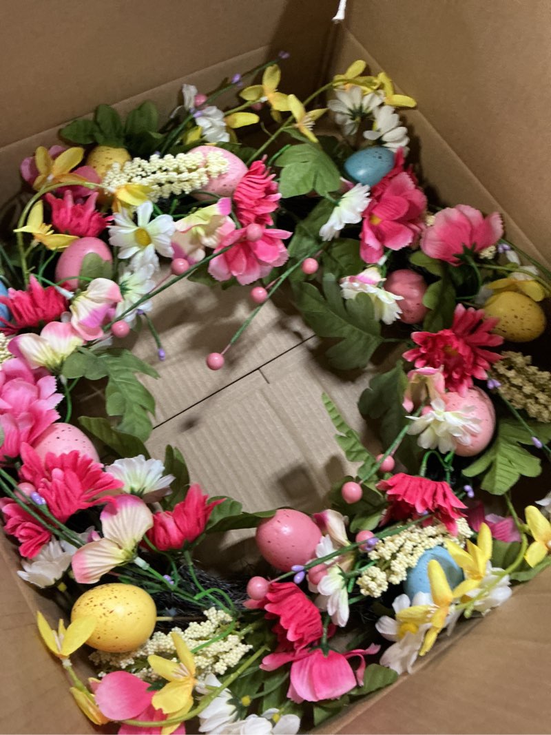 Condition photo showing New/Like New for 18 inch Easter Wreath Decorations for Home Easter Door Wreaths for Front Door Artificial Spring Flower Eggs Wreaths Decorations for Home Indoor Outdoor Outside Porch Wall