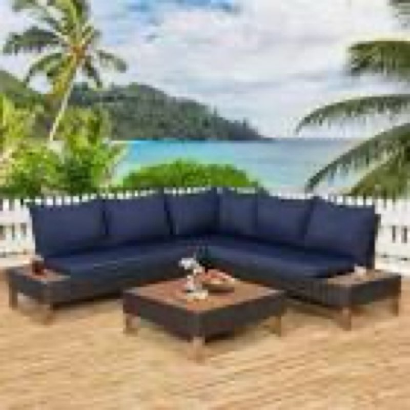 (Incomplete)4-Pieces Rattan Wicker Patio Conversation Set with Cushions in Navy Outdoor Sectional Sofa Set Wooden Side Table