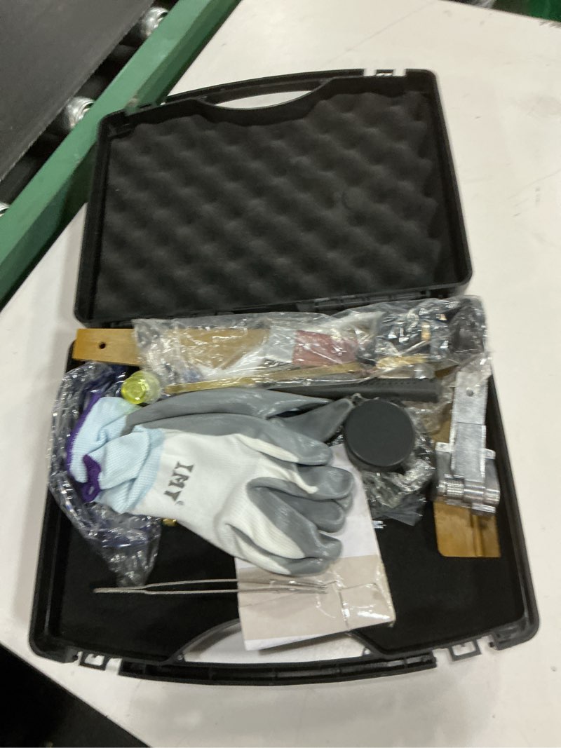 Condition photo showing As Is for professional 16 pieces mosaic tile and stained glass start-up tool set with carrying case, lead came kit for beginner with cutters, pliers, square, hammer, fid, safety glass, etc.