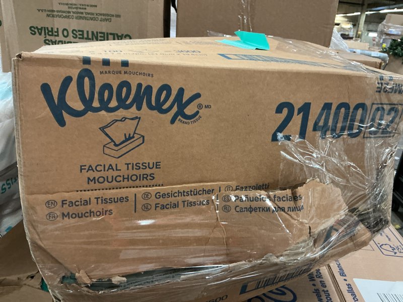 Condition photo showing As Is for kleenex professional facial tissue, bulk (21400), 2-ply, white, flat boxed format, designed for business (100 tissues/box, 36 boxes, 3,600 sheets/case) 100 count (pack of 36) box color: teal