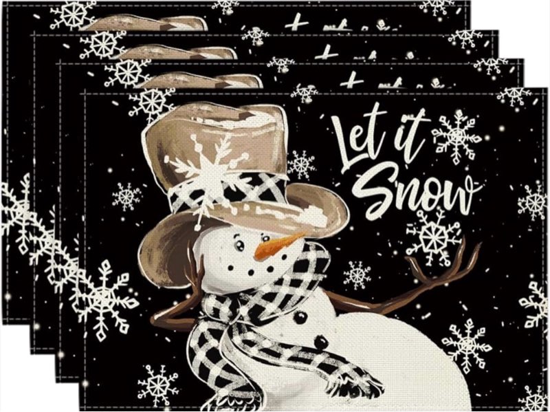 Artoid Mode Black Snowman Snowflakes Let it Snow Winter Placemats Set of 4, 12x18 Inch Seasonal Christmas Table Mats for Party Kitchen Dining Decoration