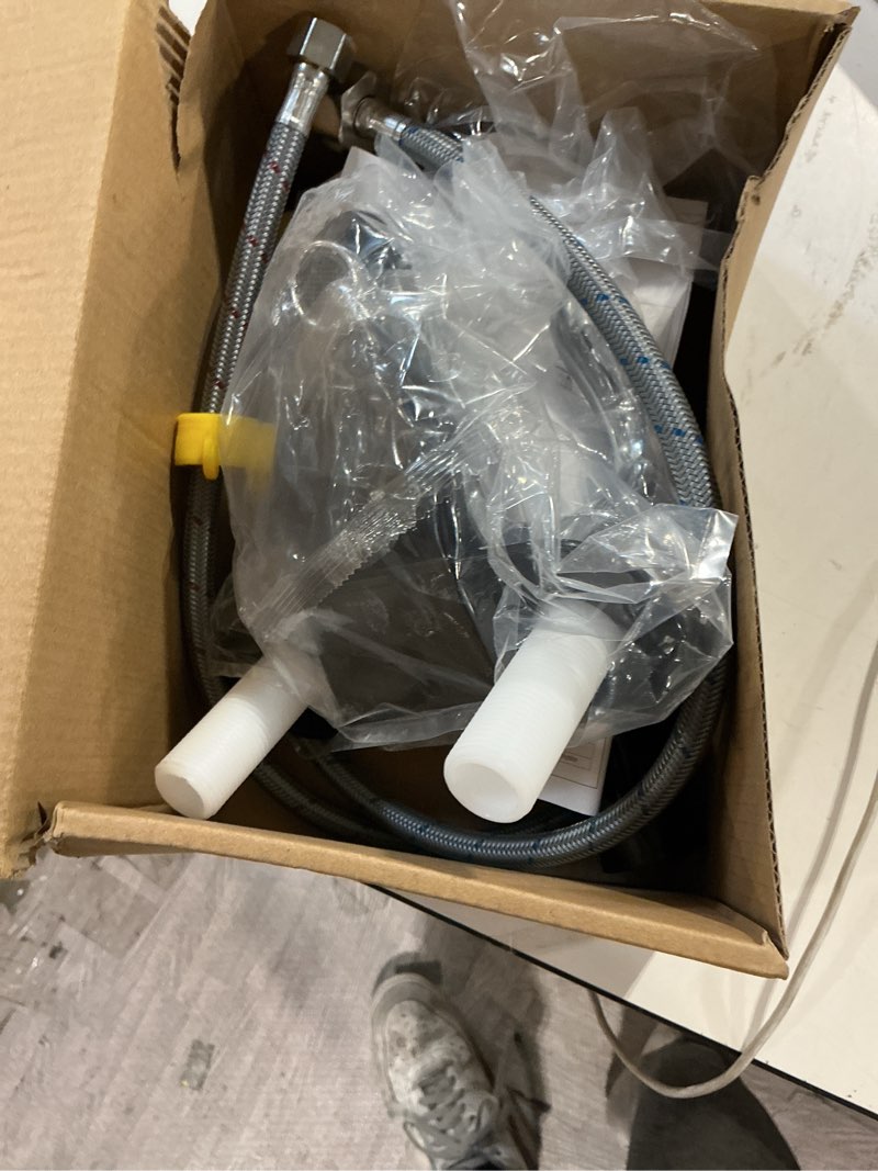 Condition photo showing Good Condition for bathroom sink faucets 2/3 hole,chrome plating dual handles 4 inch plastic plating over bathroom faucet with pop-up drain and 2 supply hoses for apartment rvs sink vanity