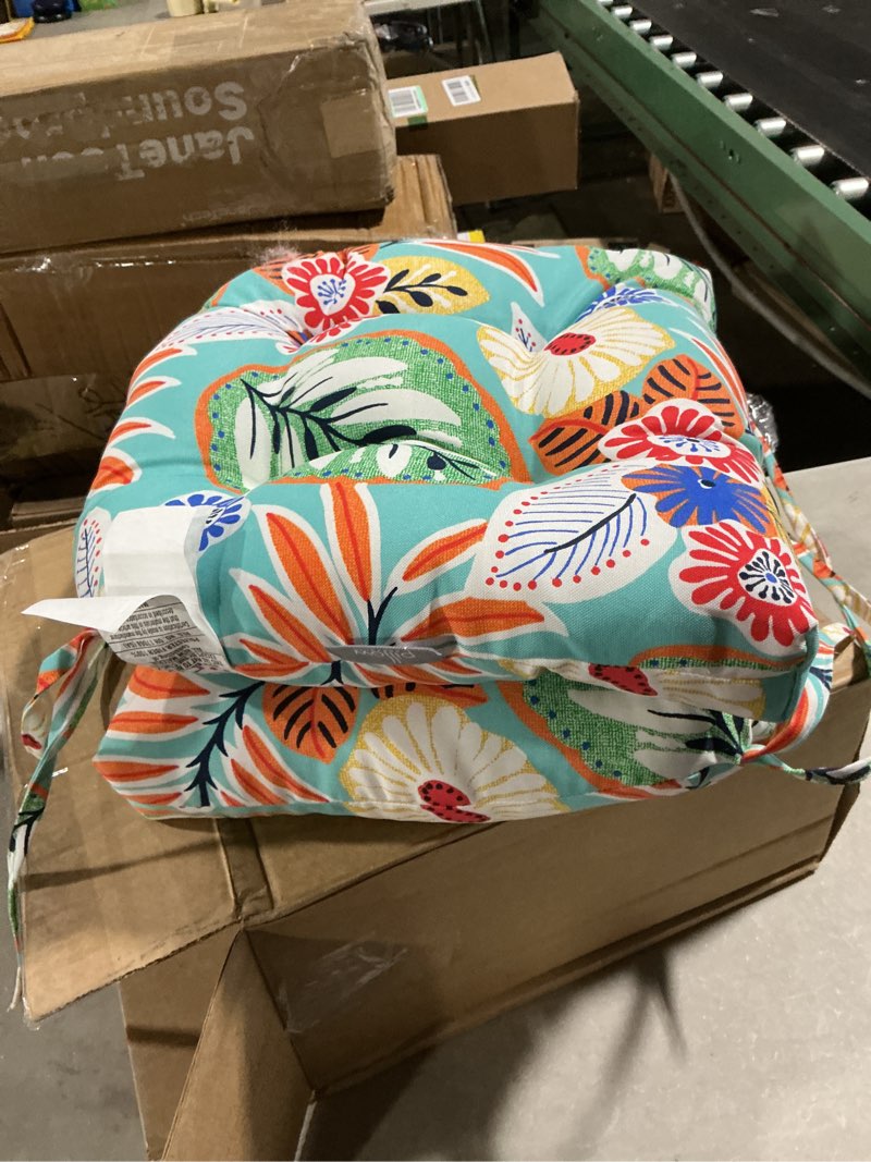 Condition photo showing Good Condition for pillow perfect bright floral indoor/outdoor chairpad with ties reversible, tufted, weather, and fade resistant, 15.5" x 16", blue/orange marlow 2 count