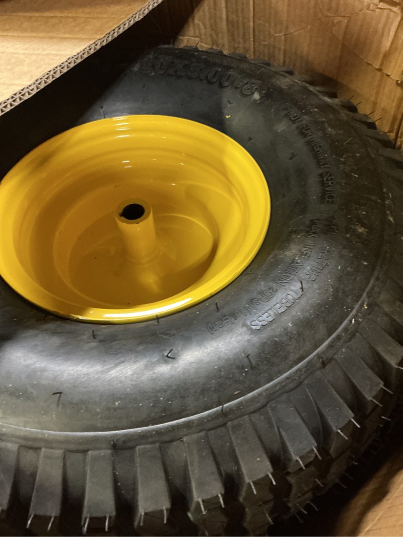 Condition photo showing As Is for Marastar 20808-PK Tubeless Pneumatic 20x8.00-8 Tire and Wheel Assembly, Replacement Rear Tire for John Deere Riding Mowers, Turf Traction Tread, 2 Pack