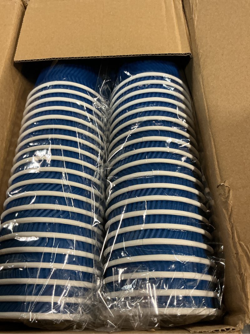 Condition photo showing New/Like New for lamosi coffee cups 12 oz - 120 pack, 12 oz disposable paper coffee cups insulated, corrugated kraft ripple wall cup for hot beverage or cold drinks (navy) | hot beverage, cold drinks, insulated, corrugated kraft, ripple wall cup, disposable 12 oz-120 navy