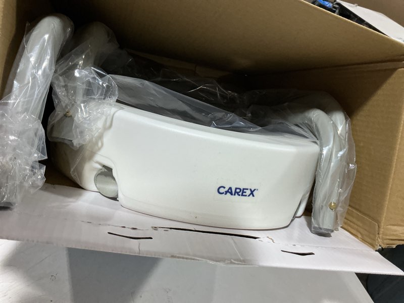 Condition photo showing Good Condition for carex 3.5 inch raised toilet seat with arms, round toilet seat riser, 300 lbs capacity, elevating and raising seat for elderly and handicap, universal, slip-resistant with padded handles, white