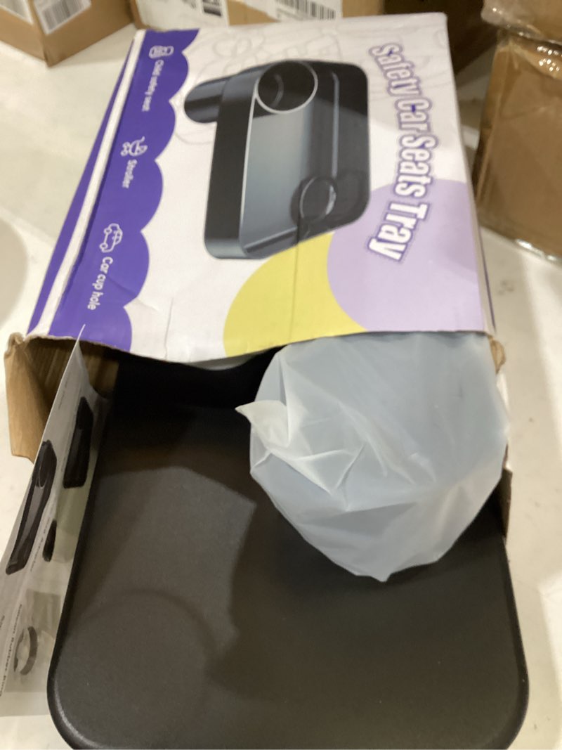 Condition photo showing New/Like New for car seat snack tray for toddlers - 3 inch cup holder fits most sippy cups & straw bottles with dip well, mess-free square kids travel tray road trip essentials, black black 1