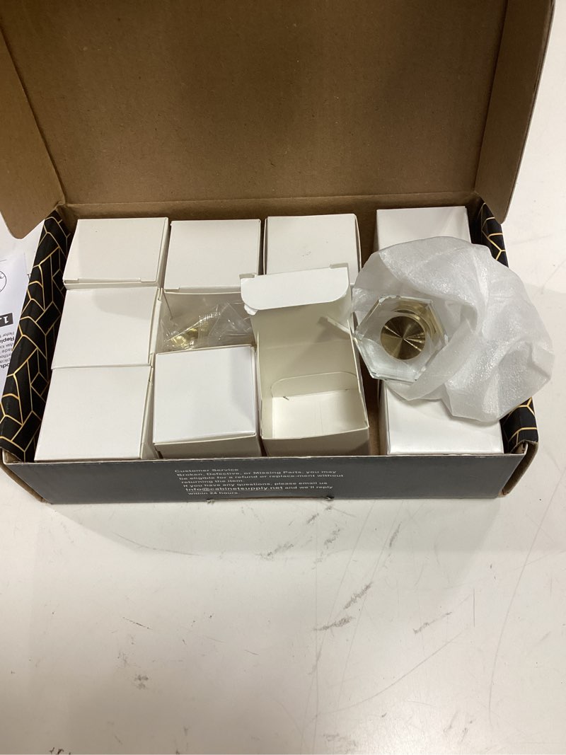 Condition photo showing New/Like New for qogrisun 10 pack hexagon glass cabinet knobs, 1-1/2" large brass and gold drawer knobs, modern geometric dresser pulls for kitchen cupboard, wardrobe & bathroom vanity 10 1-1/2-inch hexagon