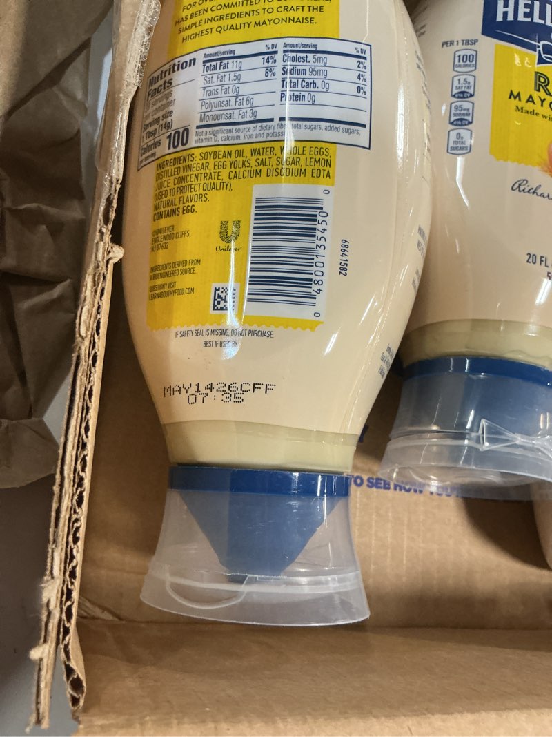 Condition photo showing Good Condition for bbd: may 2026- hellmann's real mayonnaise squeeze bottle 3 count a rich creamy condiment gluten free, made with 100% cage-free eggs 20 oz0