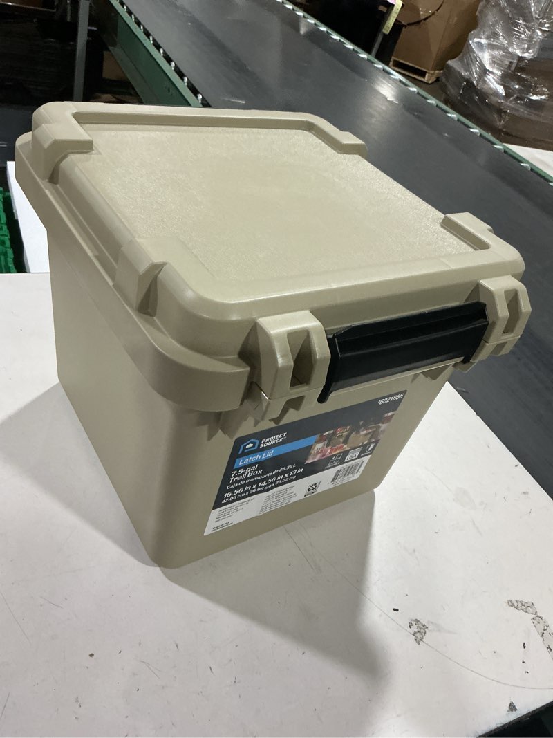 Condition photo showing As Is for project source small 7.4 -gallons ( 30 -quarts ) khaki yellow/solid heavy duty stackable tote