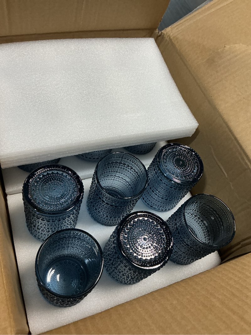 Condition photo showing New/Like New for dmmyalzx hobnail drinking glasses set of 12 count, vintage glassware, old fashioned glasses, 6 highball bubble drinking cups 15 oz, 6 rocks cups 14.5 oz with 12 silicone coasters, blue set of 12 blue with coasters