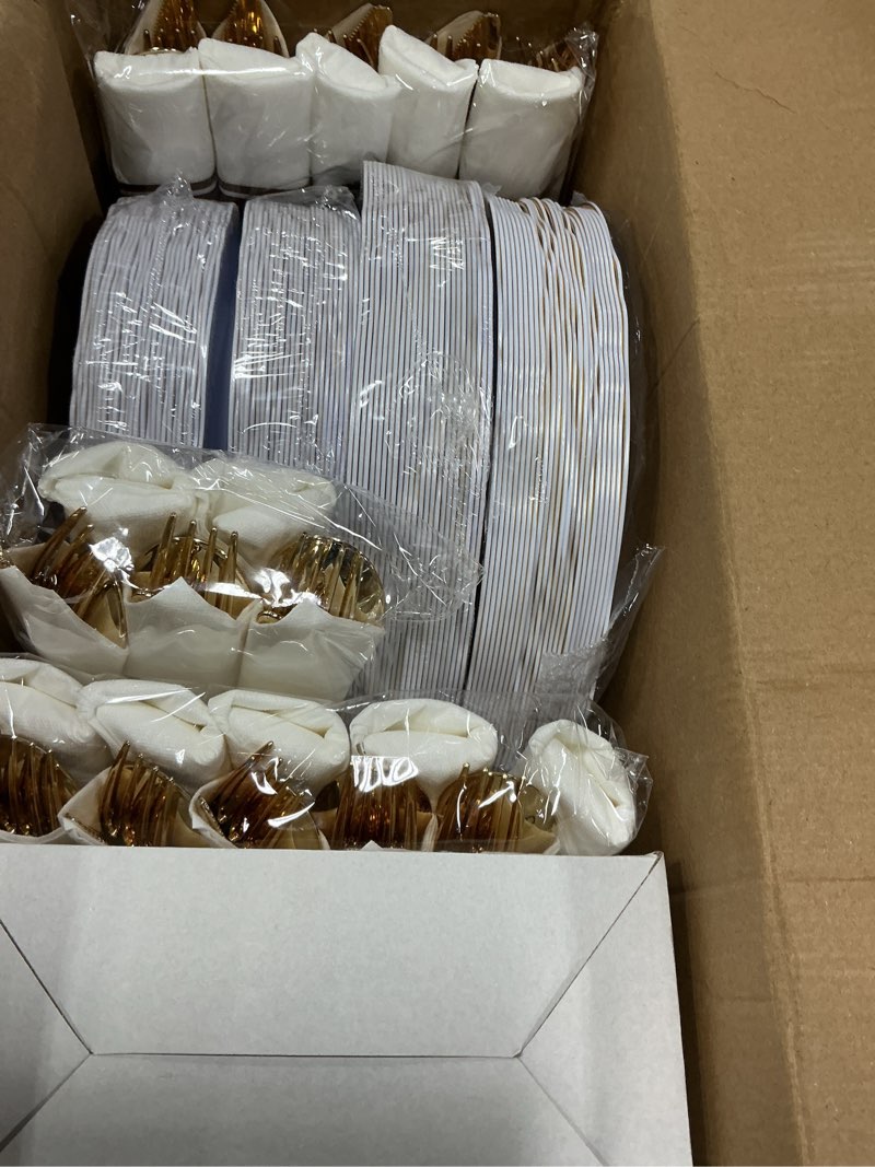Condition photo showing New/Like New for hioasis 350pcs white and gold plastic plates - gold plastic dinnerware set includes 50 dinner plates, 50 dessert dinnerware, 50 cups, 50 rolled napkin cutlery perfect for wedding & party white and gold 350 pieces (50 guests)