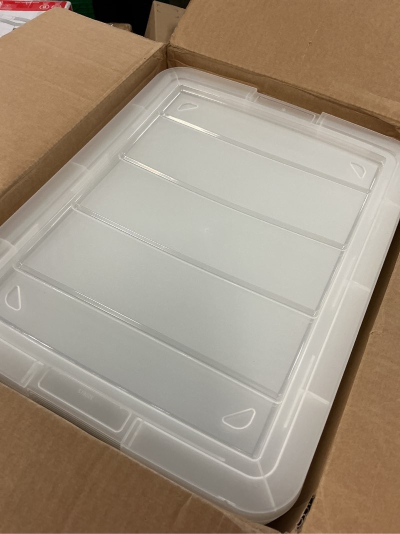 Condition photo showing As Is for iris usa 6-pack high-capacity clip box with latching lids, 32 quart craft storage bins, art & writing supply containers for home, office & classroom organization