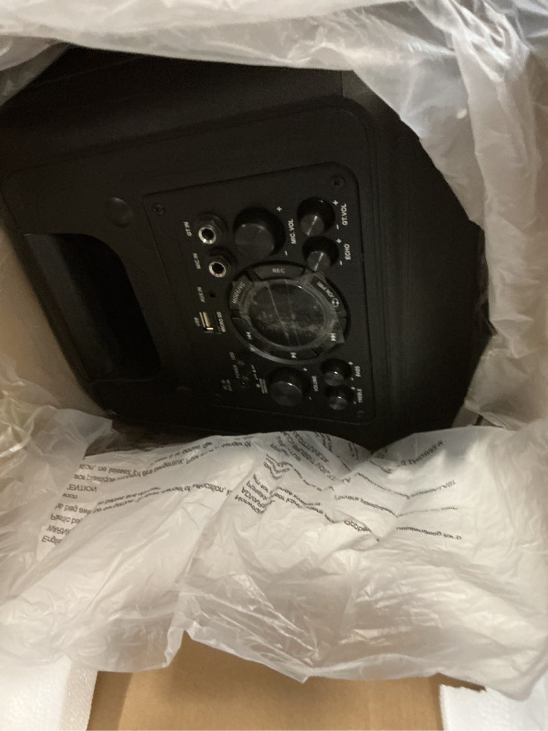 Condition photo showing Good Condition for pyle bluetooth speaker and pa system - portable stereo karaoke system with wired mic, built-in led party lights, mp3/usb/micro sd readers, fm radio, 8" subwoofers, 600w max, 11.4" x 10.4" x 23.2"