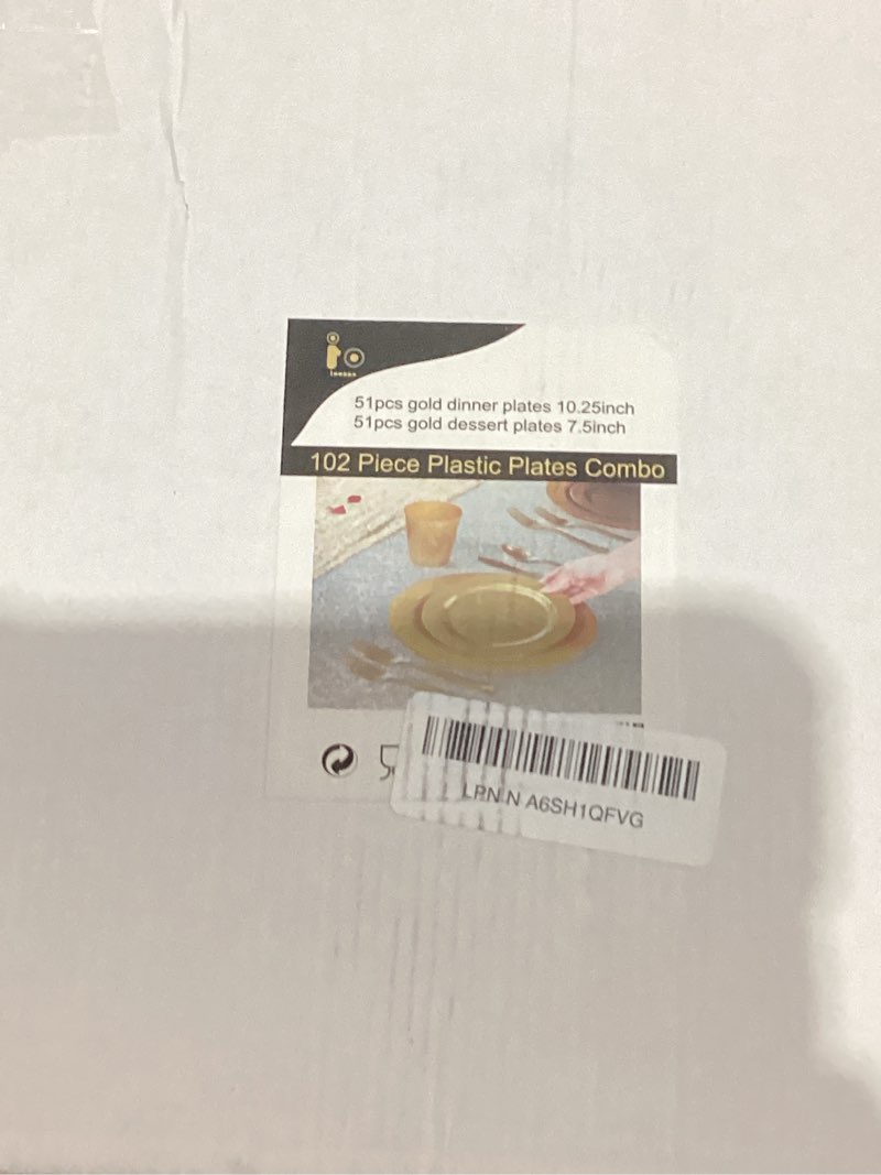 Condition photo showing New/Like New for 102 Pieces Solid Gold Disposable Plates, Gold Plastic Plates Premium Plastic Party Plates Includes: 51 Dinner Plate 10.25 Inch and 51 Salad/Dessert Plate 7.5 Inch for Wedding & Party 102 Pcs Gold