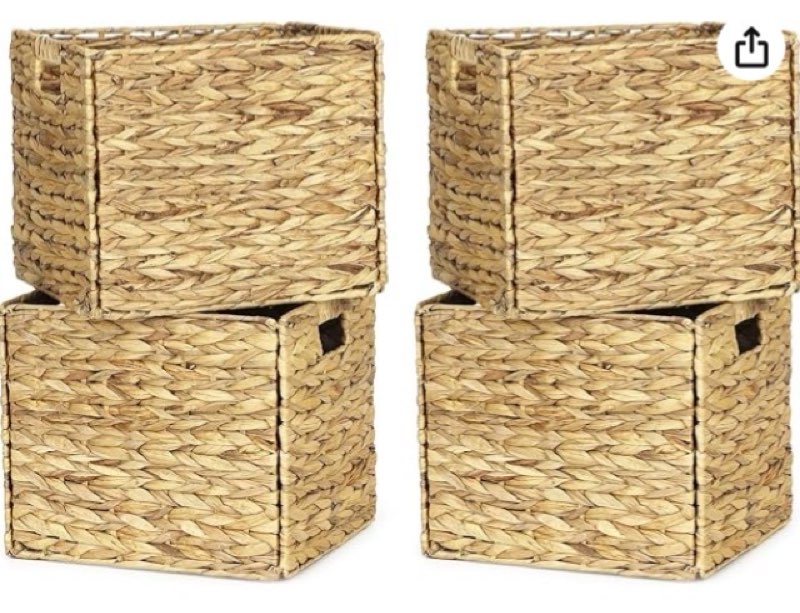 4 pack 13 x 11in rectangular wicker storage bins, water hyacinth baskets, foldable wicker baskets, storage basket with built-in handles, handwoven natural basket for shelves, outdoor