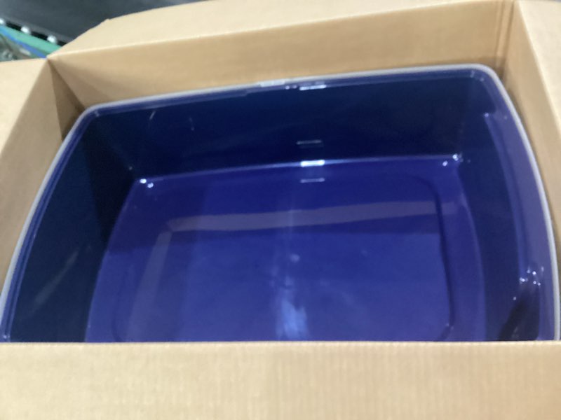 Condition photo showing New/Like New for iris usa xx-large side entry cat litter box, open top extra large litter box for big cats and multi-cat households, high sided scatter shield, easy to clean, 30" l x 20" w x 14" h, navy xxl - side entry navy