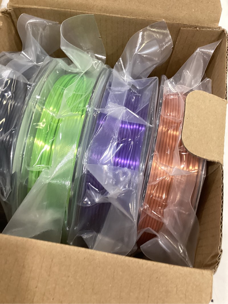 Condition photo showing New/Like New for amolen pla 3d printer filament silk pla filament 1.75mm silk filament pack black/red copper/purple/neon green 3d printing filament bundle for holiday 3d printing, 200gx 4 spools 200gx4 silk pla pack-black/purple/red copper/neon green