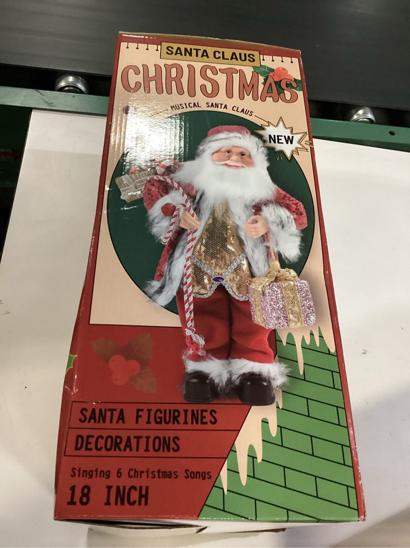 Condition photo showing New/Like New for Gfilay 18 inch Battery Operated Animated Santa Claus in Latte Gold, Musical Christmas Figurine with 6 Classic Songs and Moving Head and Hands – Elegant Holiday Home Decor for Mantel or Table Display