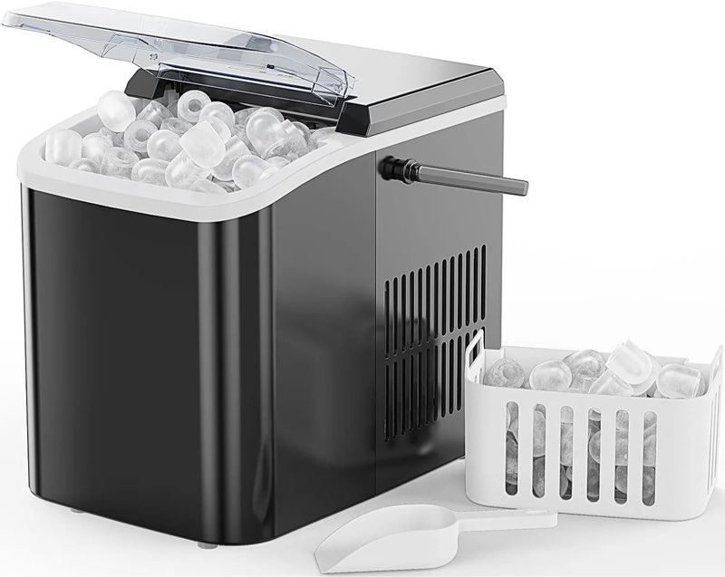 NEWBULIG Ice Makers Countertop with Handle, Portable Ice Machine, 9 Bullet Cubes in 6 Mins, 26lbs in 24Hrs, Auto-Cleaning, with Basket and Scoop, for Home, Kitchen, RV, Camping, Black