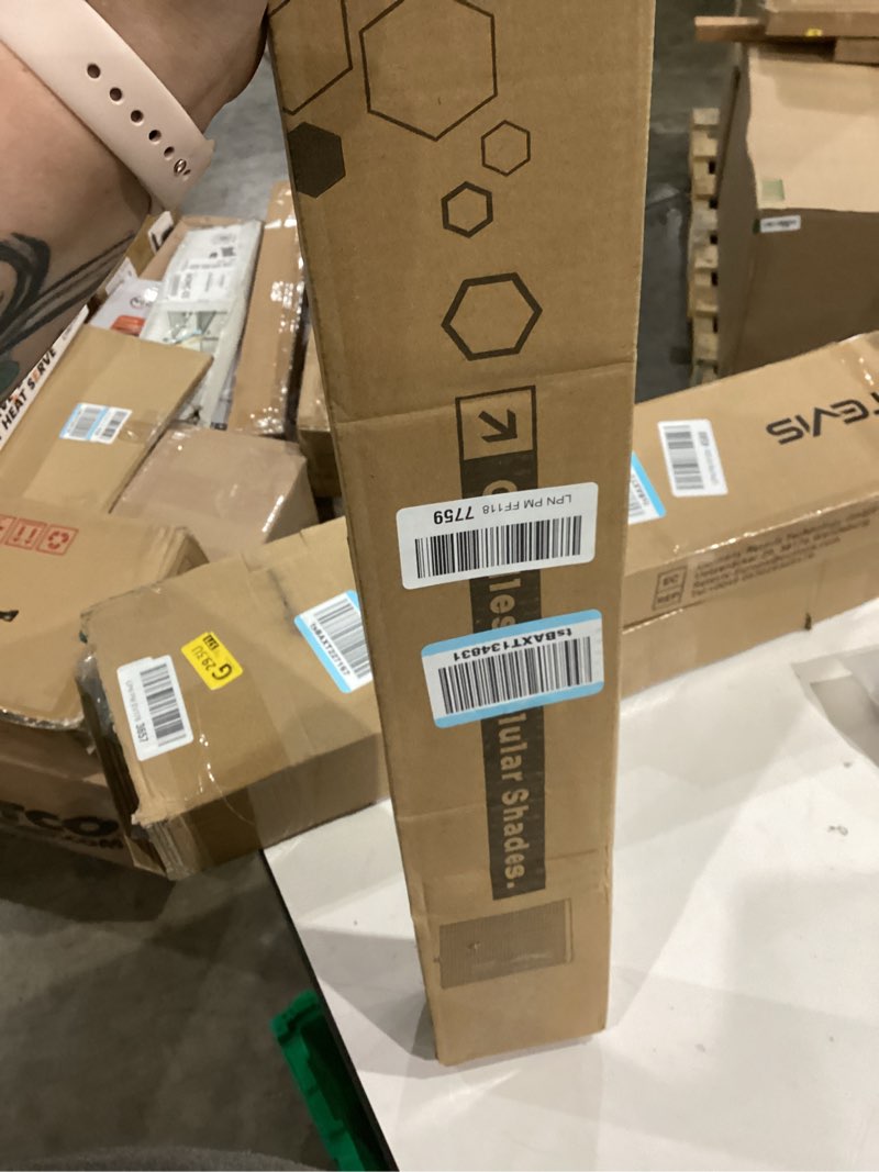 Condition photo showing New/Like New for Cellular Shades Cordless Blackout Blinds Honeycomb Window Shades for Bedroom, Blinds for Window and Door, Home and Office, White-Blue, 23" W x 64" H SUNFREE Blue(blackout) 23"W x 64"H