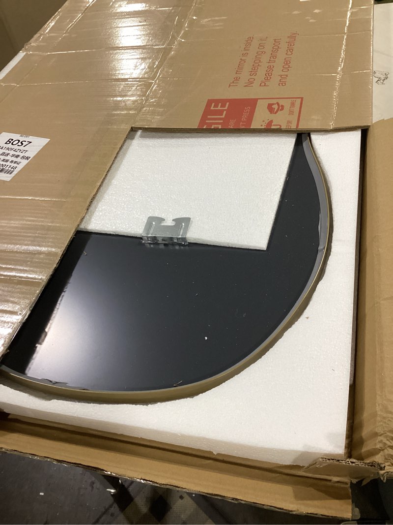 Condition photo showing As Is for weer irregular wall mirror, 24x36 inch gold asymmetrical wall mounted mirrors decorative, abstract wavy aluminum alloy frame for bathroom, bedroom, living room, entryway gold 36"l x 24"w