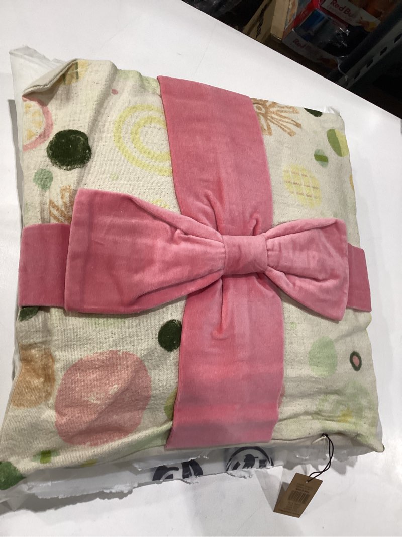 Condition photo showing Good Condition for Creative Co-Op Square Cotton Printed Pillow with Pattern and Velvet Applique Bow, Multicolor