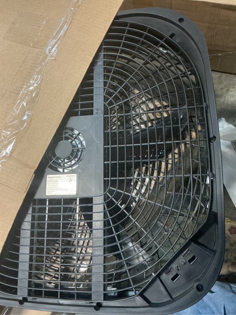 Condition photo showing As Is for amazon basics 3-speed box fan for bedroom, portable with carry handle, powerful airflow, 5 blades, lightweight design, 67 watts, 20-inch, black, 6.8"d x 20.86"w x 21.33"h