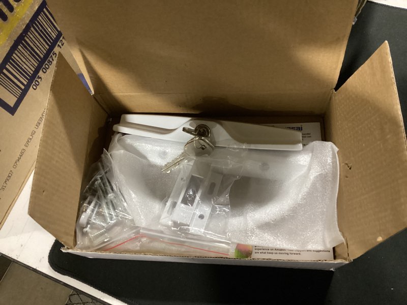 Condition photo showing Good Condition for patio sliding door handle set with mortise lock, key cylinder and keeper, replacement handle lock set fits door thickness from 1-1/2" to 1-3/4", 3-15/16" screw hole spacing, keyed, white white with key