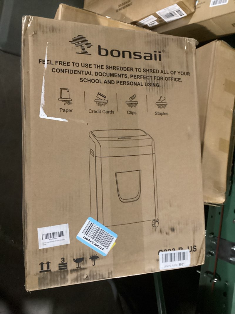 Condition photo showing New/Like New for bonsaii paper shredder for office, 120-sheet autofeed heavy duty shredder for home office use, 30 minutes/micro cut/p-4 high security level/6 gallon large bin