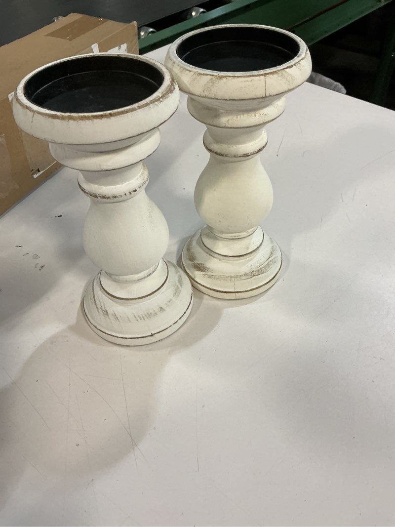 Condition photo showing Good Condition for Candle Holder for Pillar Candle Set of 2, Farmhouse Wood Candle Holder, Rustic Wooden Candle Stand, Vintage Wooden Candlestick Holders Decorative for Living Room, Table Centerpiece, Antique White Antique White Set of 2
