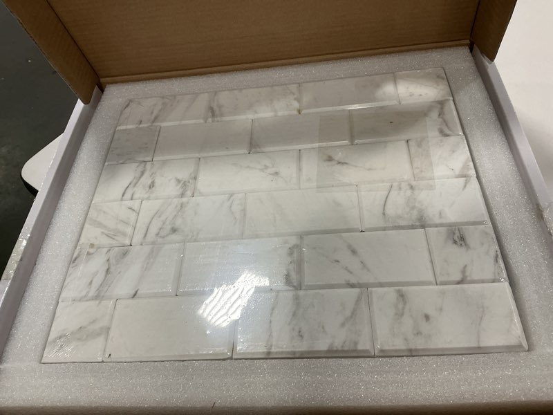 Condition photo showing New/Like New for 5-Sheet Subway Peel and Stick Backsplash Marble Tile, 11.8" x 11.8" White Natural Stone Self Adhesive Mosaic Tiles, Stick on Backsplash for Kitchen Bathroom Fireplace White 11.8*11.8*0.2inch(5 sheets)