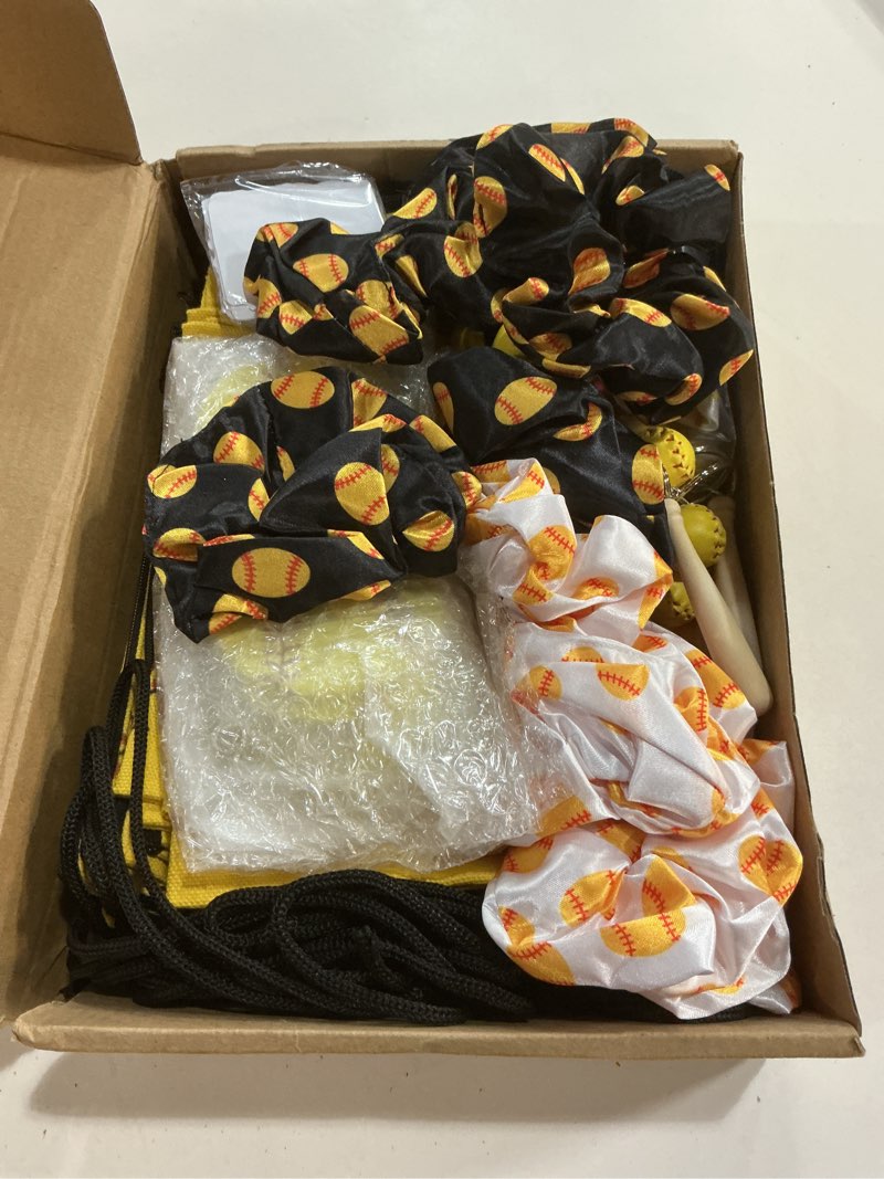 Condition photo showing Good Condition for halloscume 134 pcs softball party supplies set softball drawstring backpack keychains charm bracelets cosmetic bag ties hair scrunchies mirror stickers for sports team
