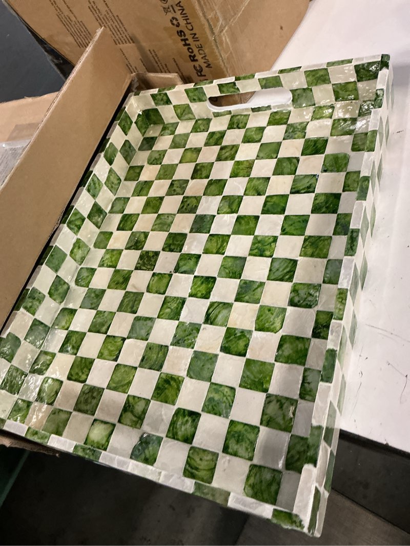 Condition photo showing Good Condition for chi an home 15.8" x 11.8" decorative rectangular tray with natural capiz shells, checkered tray with handles, serving tray for ottoman, coffee table, kitchen counter home decor (pistachio green) pistachio green rectangular