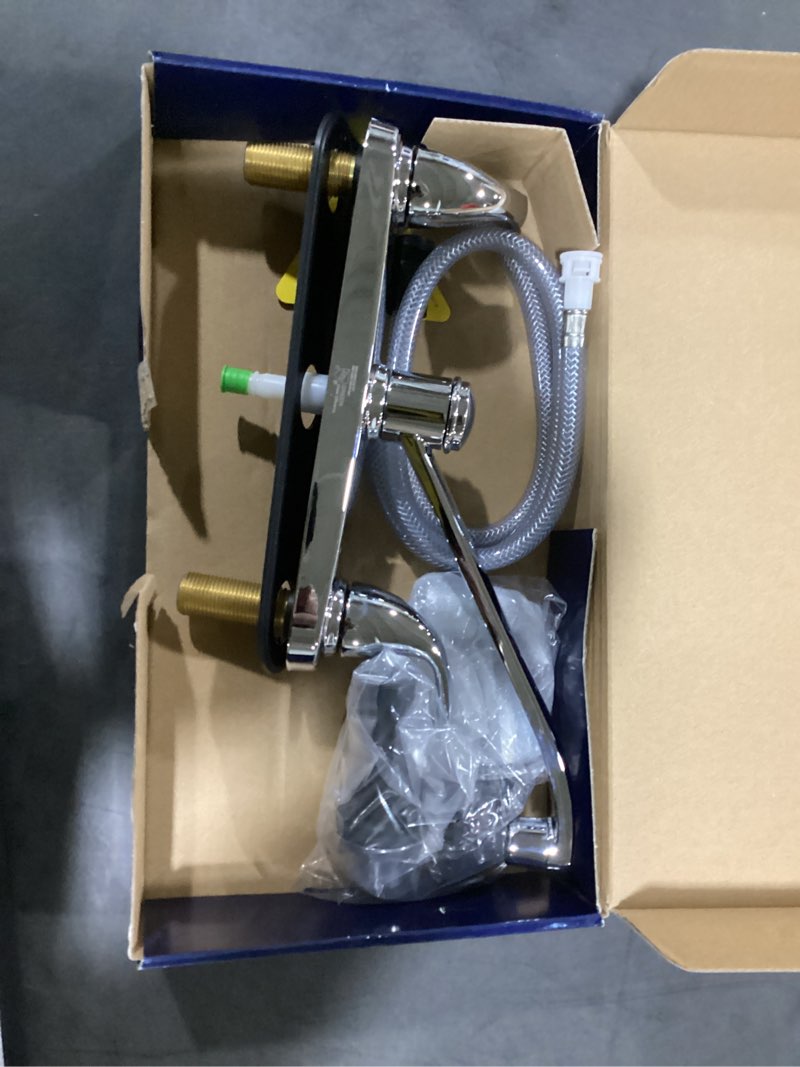 Condition photo showing Good Condition for dover chrome double handle low-arc kitchen faucet with deck plate and side spray
