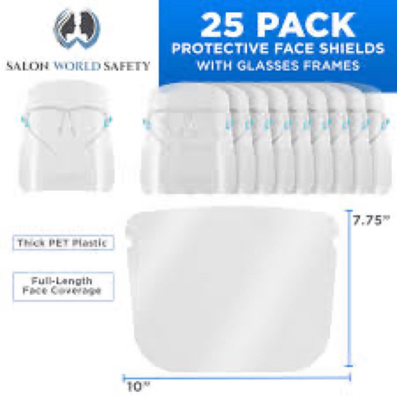 tcp global salon world safety face shields with glasses frames (pack of 25) - ultra clear protective