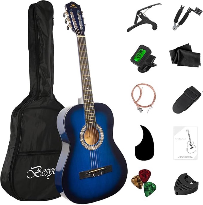 38in beginner acoustic guitar basic starter kit tuner bag capo strings winders strap picks student/kids guitar pickguard with gig bag blue