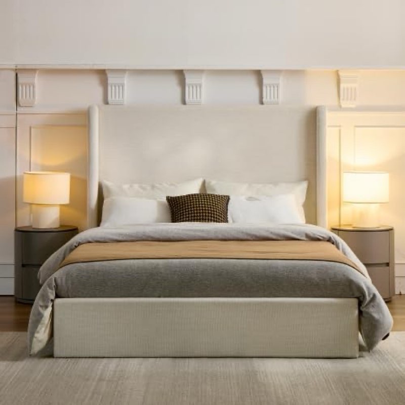 king size upholstered platform bed frame, tall headboard carmen wingback beds, 52.3" high headboard floor bed frames, no box spring needed no noise, minimalist, textured ivory canvas