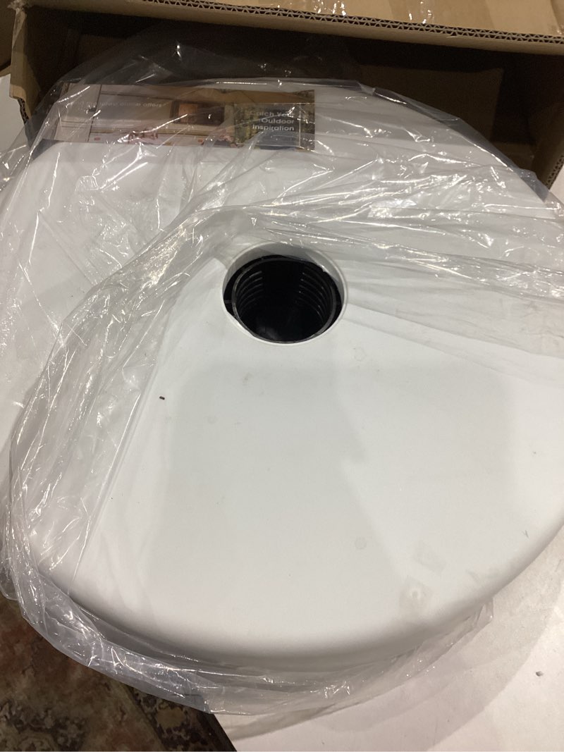 Condition photo showing As Is for fruiteam 49lb capacity fillable umbrella base, sand/stone filled heavy-duty patio umbrella stand outdoor weight base for garden, lawn, deck, poolside, white