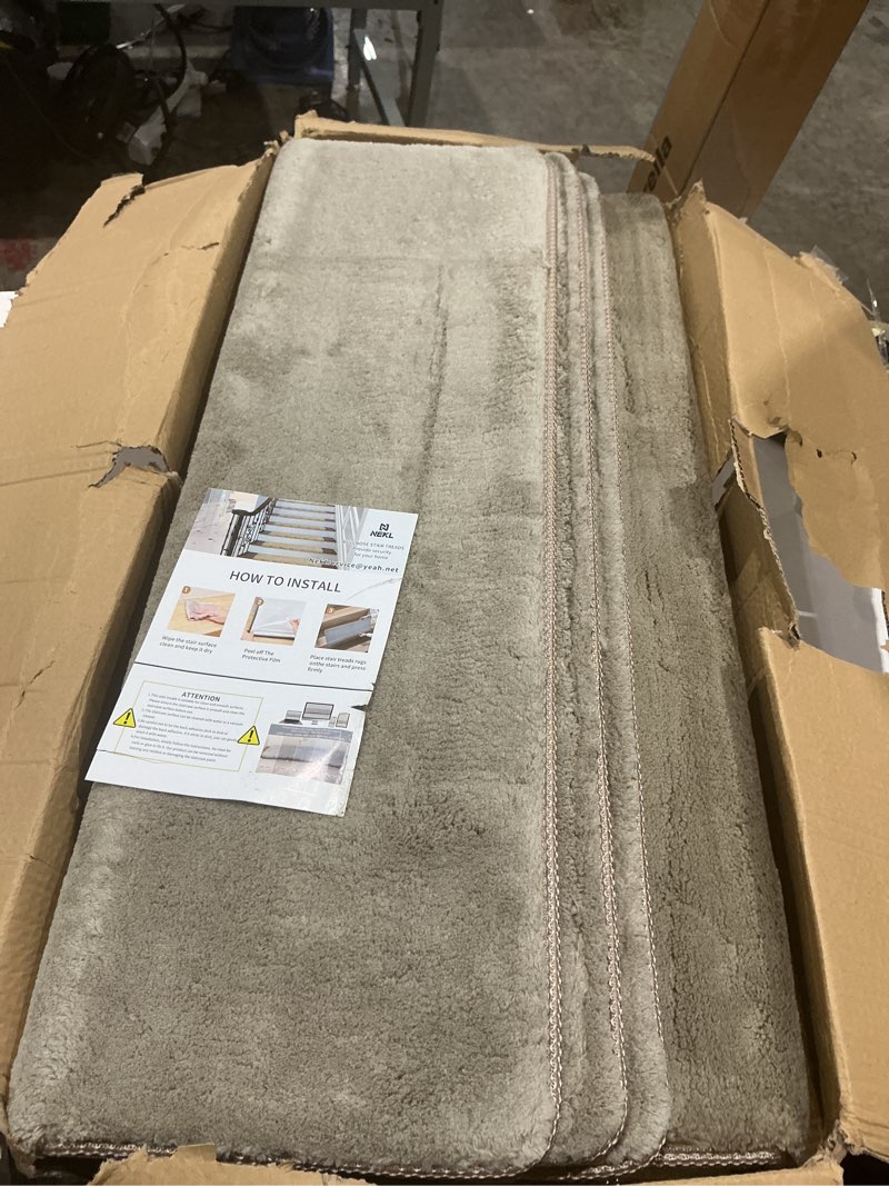 Condition photo showing New/Like New for 14 pieces bullnose carpet stair treads set36inch x24 inch cream gray