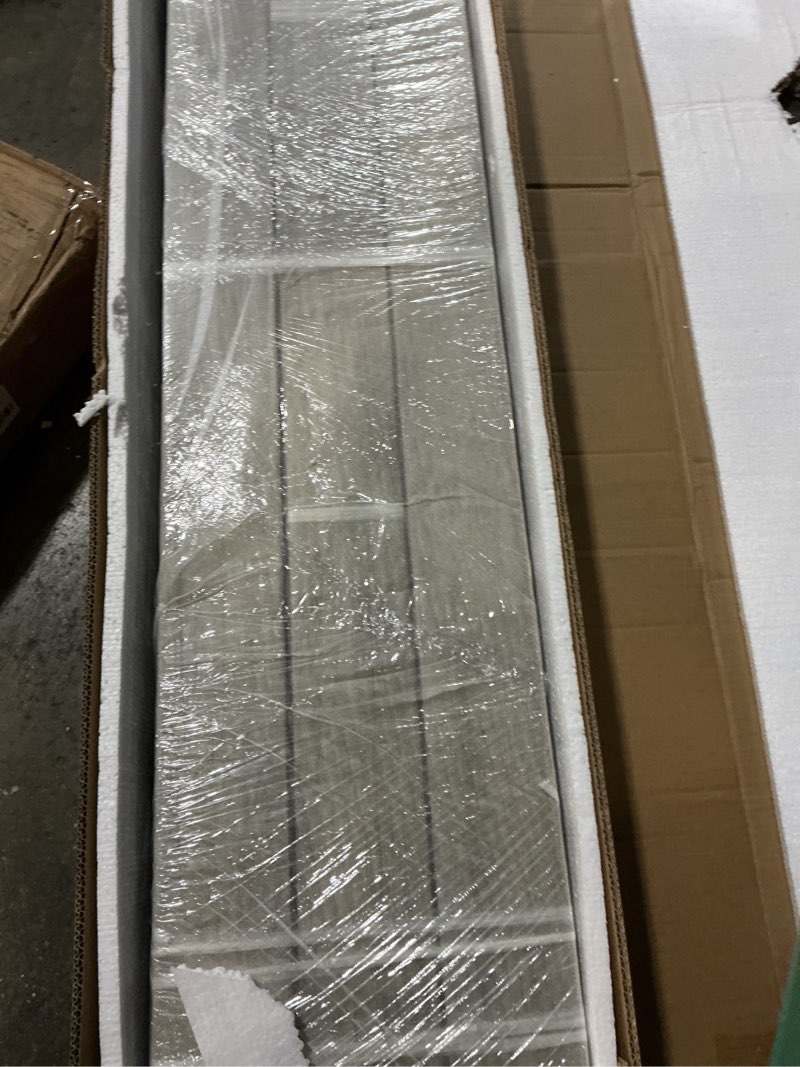 Condition photo showing As Is for (incomplete only 1 box) light grey sandblast finish acacia wood outdoor dining table with rustic black metal frame