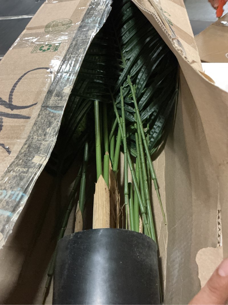 Condition photo showing As Is for nearly natural 4ft golden cane palm, double stalk artificial tree with lush realistic foliage maintenance free indoor faux palm plant for living room, easy setup, perfect tropical decoration palm tree
