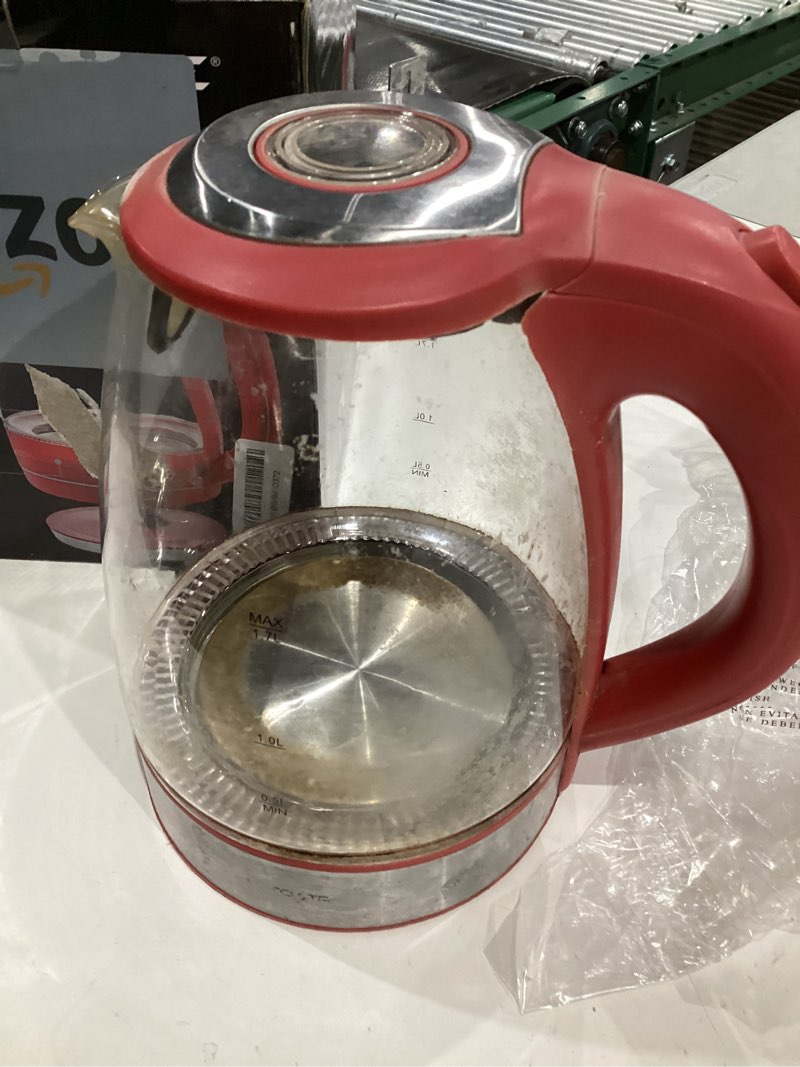 Condition photo showing As Is for ovente electric kettle, 1.5l borosilicate glass countertop water heater and boiler for coffee or tea, bpa-free, auto shut-off, boil-dry protection, removable and washable spout filter, red kg83r red 1.6 quarts