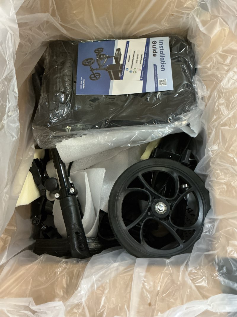 Condition photo showing New/Like New for steerable knee walker deluxe medical scooter for foot injuries compact crutches, with dual rear on-wheel brake and shock absorption under the knee pad, black