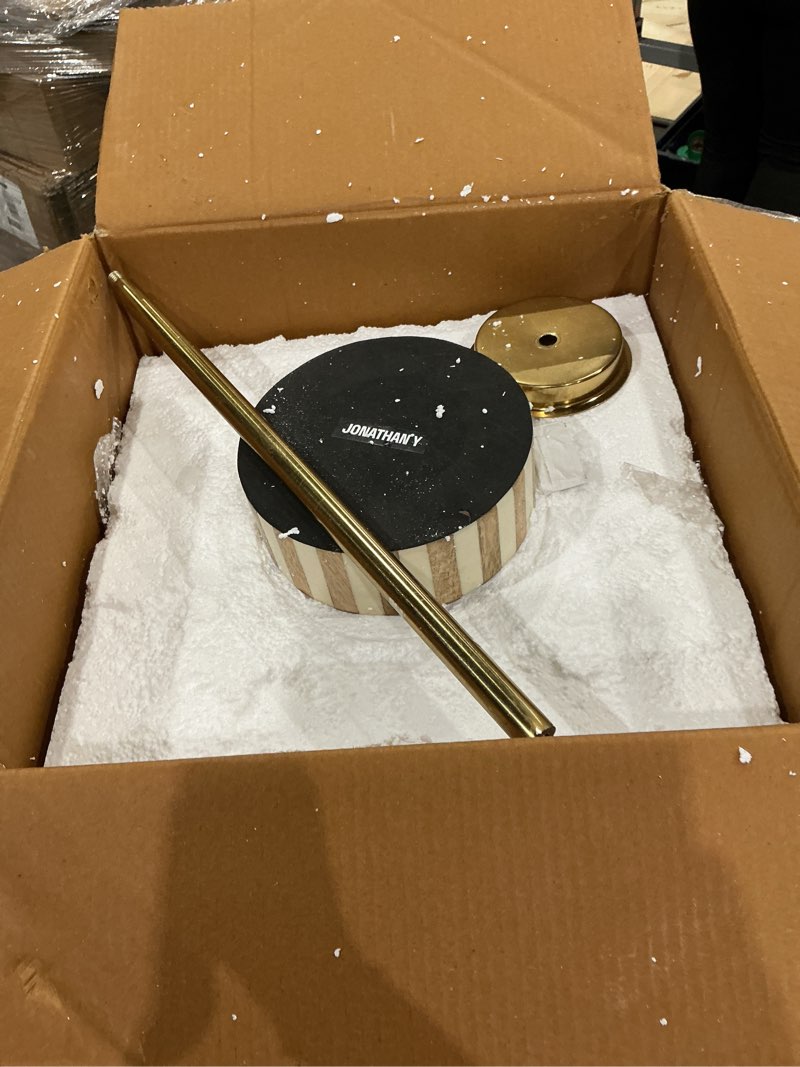 Condition photo showing As Is for jonathan y end1004a calix 23.5" contemporary minimalist metal/resin round end table, light brown/white drink table for living room, bedroom, office, bathroom light brown/white/gold