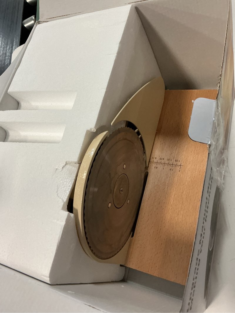 Condition photo showing Good Condition for upgrade manual bread slicer for homemade sourdough bread, classic hand crank home bread slicer with scale line and steel fence, sharp blade, adjustable width for homemade & commercial use large white