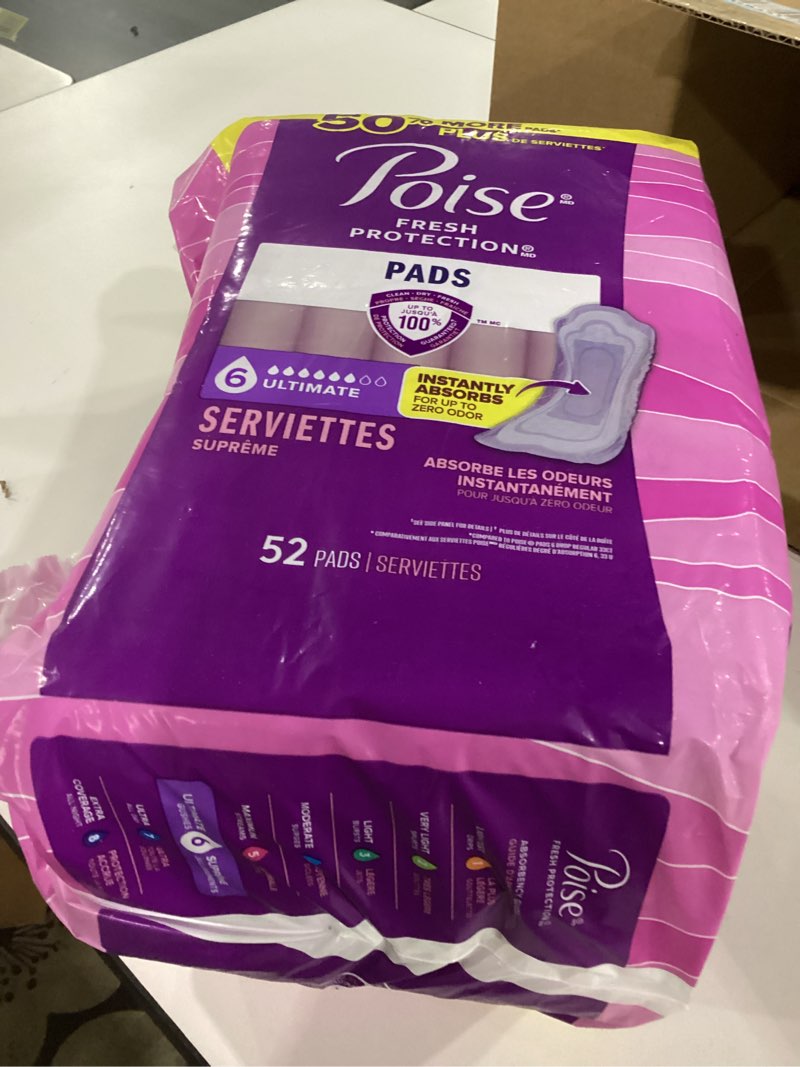 Condition photo showing New/Like New for poise incontinence pads & postpartum incontinence pads, 6 drop ultimate absorbency, regular length, 52 count, packaging may vary regular 52