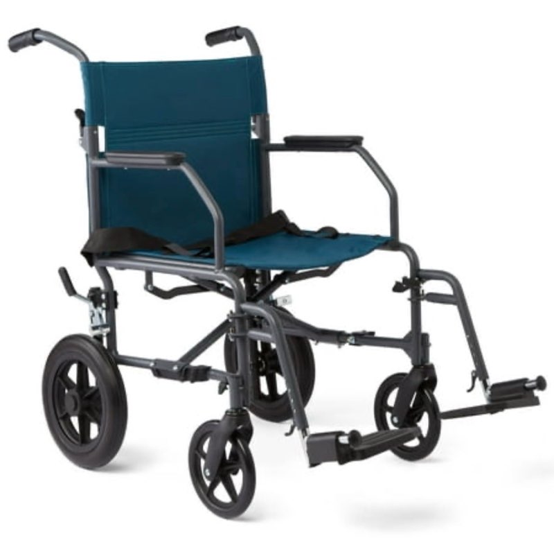 Medline Durable Folding Steel Transport Wheelchair with 12  Wheels  19  Seat Width  Gray Frame  Microban  Teal Upholstery