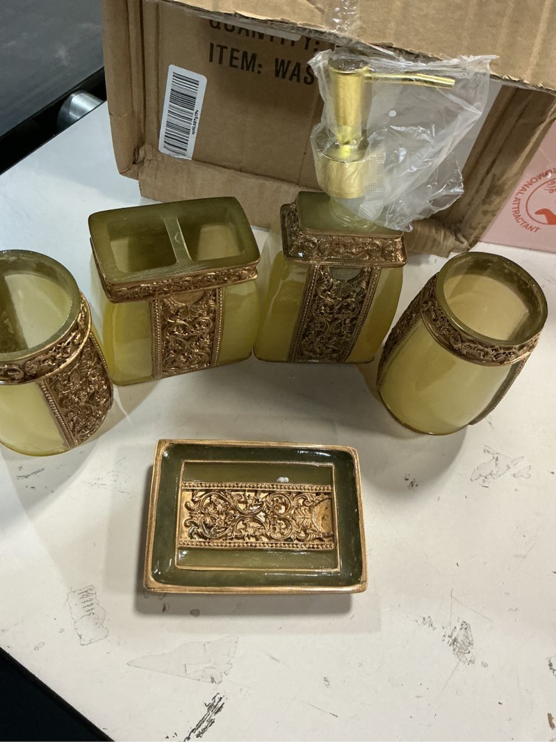 Condition photo showing Good Condition for LUANT 5 Piece Bathroom Accessories Set, Collection Bath Set Features Soap Dispenser, Toothbrush Holder, Tumbler, & Soap (Golden